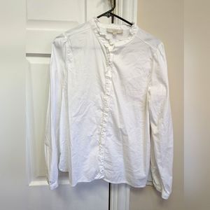 LOFT Ruffled White Button Up L